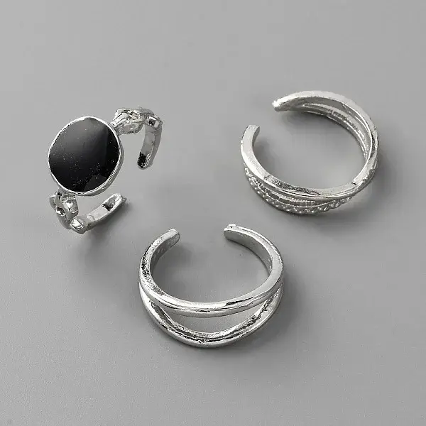 3Pcs Oval Alloy Enamel Adjustable Cuff Rings Sets for Women