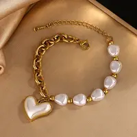 Heart 304 Stainless Steel with Plastic Pearl Charm Bracelets