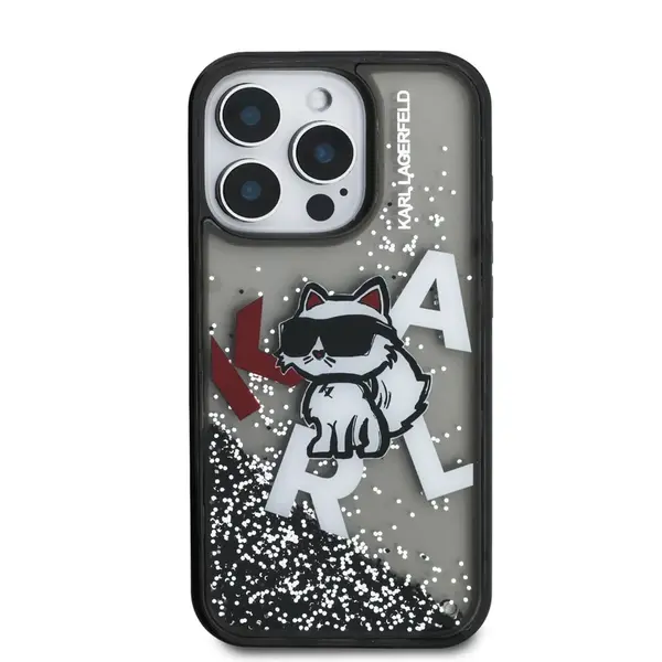 Zadní kryt Karl Lagerfeld Liquid Glitter Scattered Choupette pro Apple iPhone 16 Pro, černá