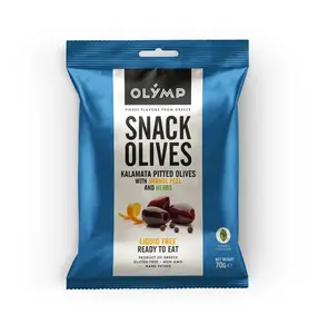 Olymp Kalamata tmavé olivy bez pecky s pomerančovou kůrou a bylinkami 70 g