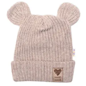 Baby Nellys Pletená bavlněná čepice s oušky, dvouvrstvá, Hand Made  béžová