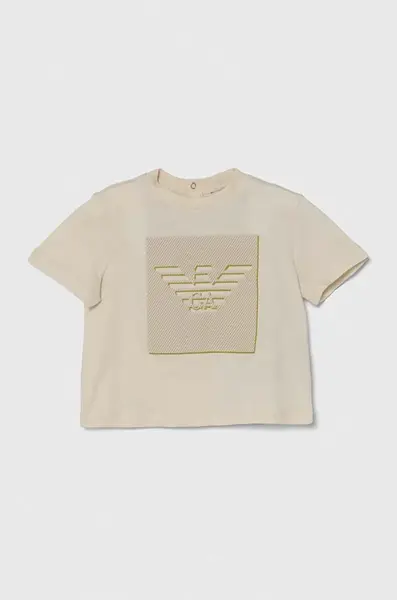 Bavlněné dětské tričko Emporio Armani béžová barva, s potiskem
