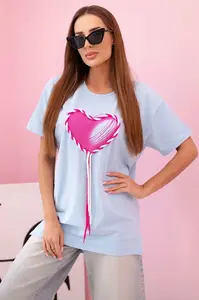 Kesi Dámské oversized bavlněné tričko srdcem a třásněmi modrá