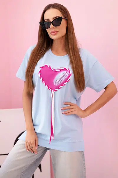 Kesi Dámské oversized bavlněné tričko srdcem a třásněmi modrá