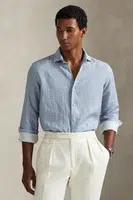 Lněná košile Polo Ralph Lauren pánská, modrá barva, regular, s italským límcem, 710974546