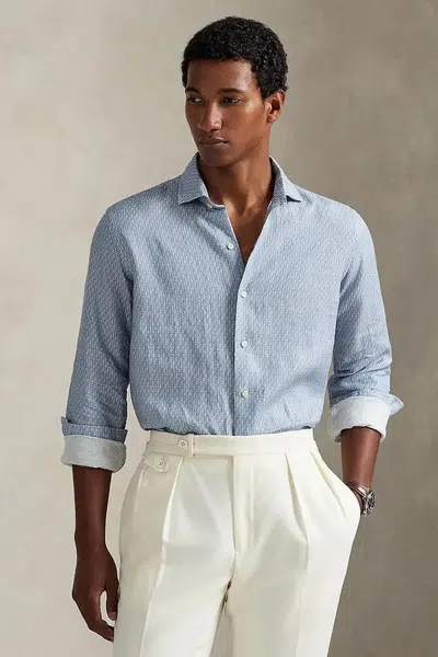 Lněná košile Polo Ralph Lauren pánská, modrá barva, regular, s italským límcem, 710974546