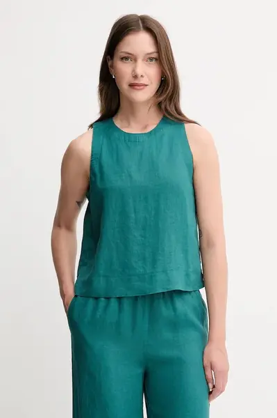 Lněná halenka United Colors of Benetton dámská, zelená barva, hladká, 5BMLDQ0BU