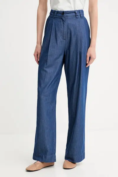 Kalhoty Marc O'Polo dámské, modrá barva, široké, high waist, 506089110123