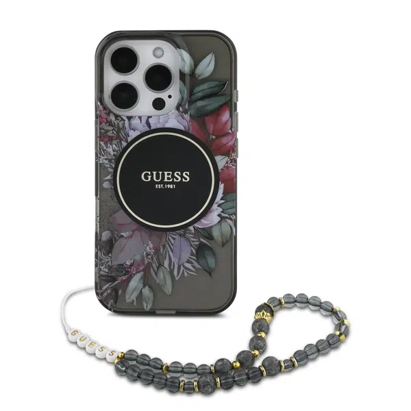 Zadní kryt Guess IML Flowers Strap MagSafe pro Apple iPhone 16 Pro Max, černá