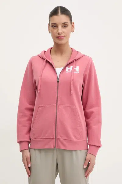 Bavlnená mikina Helly Hansen dámska, ružová farba, s kapucňou, melanžová, 34461