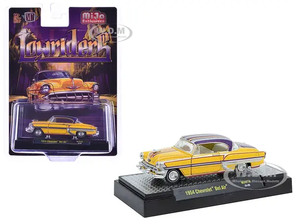 1954 Chevrolet Bel Air "Lowriders" Yellow Metallic with Stripes and Silver Stripes Top and White Interior Limited Edition to 3300 pieces Worldwide 1/