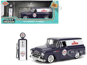 1957 Chevrolet Suburban "Chevron" Dark Blue with White Stripes and Chevron Gas Pump "Just Trucks" Series 1/24 Diecast Model Car by Jada