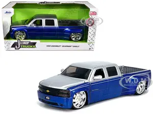 1999 Chevrolet Silverado Dually Pickup Truck Blue Metallic and Silver with Custom KMC Wheels "Just Trucks" Series 1/24 Diecast Model Car by Jada