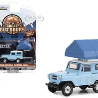 1969 Nissan Patrol (60) Light Blue with White Top and Campotel Cartop Sleeper Tent "The Great Outdoors" Series 3 1/64 Diecast Model Car by Greenlight