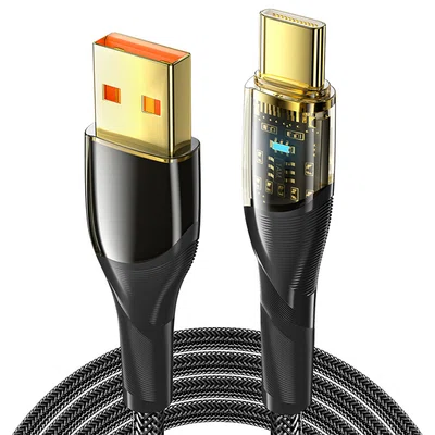 ESSAGER 100W 7A USB-A to Type-C Charging Cable with Transparent Technology LED Light for Samsung Oppo Vivo - Black