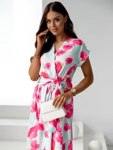 Resti Women's midi dress with short sleeves, wrap neckline in spring flowers