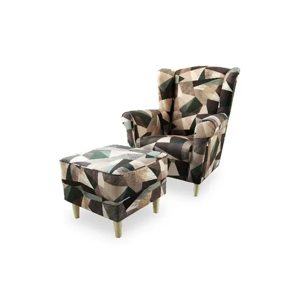 Křeslo ušák, s taburetem, látka hnědozelená vzor, astrid