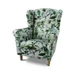 Křeslo ušák, látka vzor listí - nožičky dřevěné, charlot