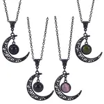 4Pcs 4 Colors Glass Flat Round & Alloy Moon Pendant Necklaces Set