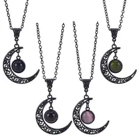 4Pcs 4 Colors Glass Flat Round & Alloy Moon Pendant Necklaces Set