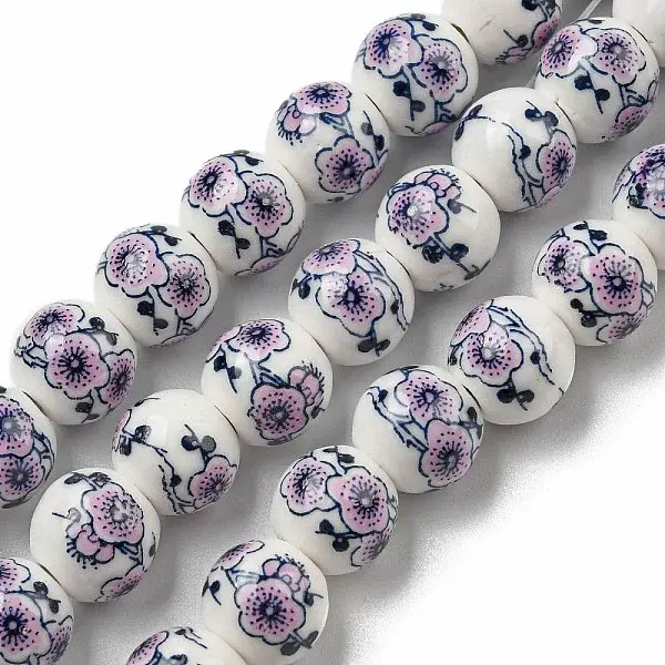 Handmade Flower Printed Porcelain Ceramic Beads Strands