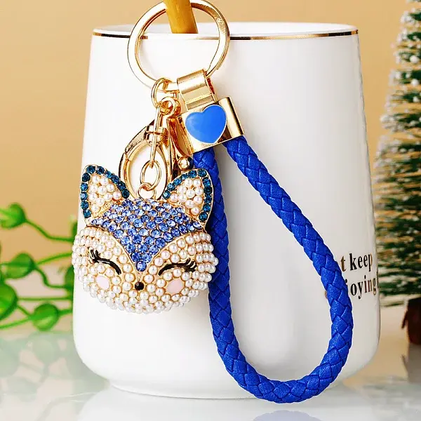 Full Rhinestone Pearl Fox Head Pendant Keychain