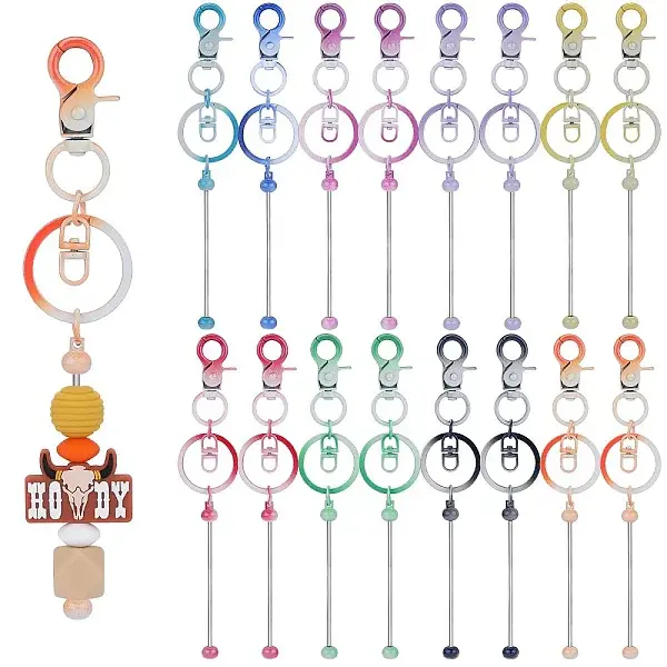 16Pcs 9 Styles Gradient Color Alloy Beadable Bar Keychain for DIY Crafts Jewelry Making