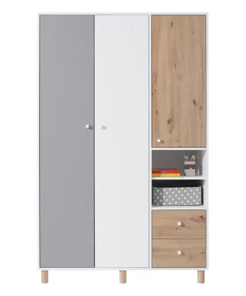 Šatní skříň třídvéřová rasmus - bílá/šedá/dub artisan