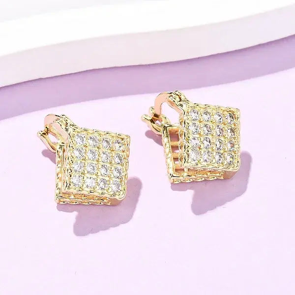 Brass Micro Pave Cubic Zirconia Rhombus Hoop Earrings