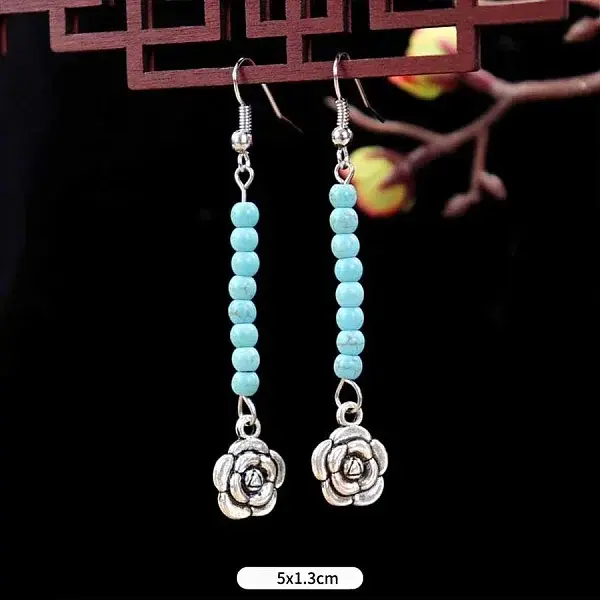 Flower Synthetic Turquoise & Alloy Dangle Earrings