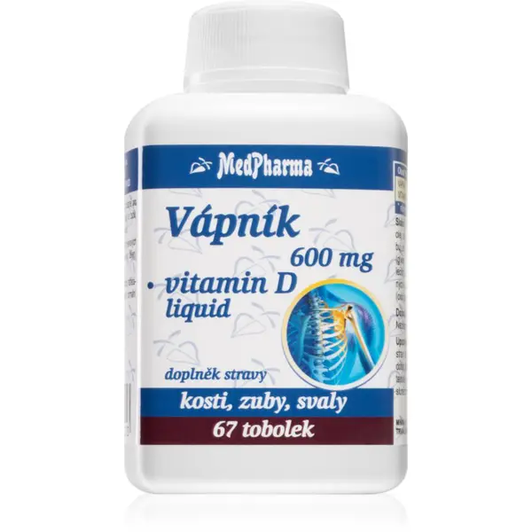 MedPharma Vápník 600 mg + vitamin D-liquid tobolky pro podporu zdraví kostí, kloubů a zubů 67 cps