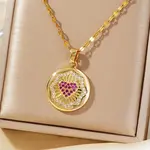 Elegant Fashion Brass Clear & Hot Pink Cubic Zirconia Circle Heart Pendant Necklaces for Women