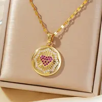 Elegant Fashion Brass Clear & Hot Pink Cubic Zirconia Circle Heart Pendant Necklaces for Women