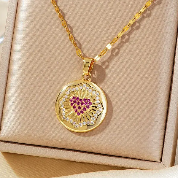 Elegant Fashion Brass Clear & Hot Pink Cubic Zirconia Circle Heart Pendant Necklaces for Women