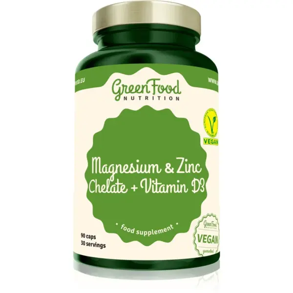GreenFood Nutrition Magnesium & Zinc Chelate + Vitamin D3 kapsuly na podporu imunitného systému, pre krásne vlasy, pleť a normálny stav zubov 90 cps