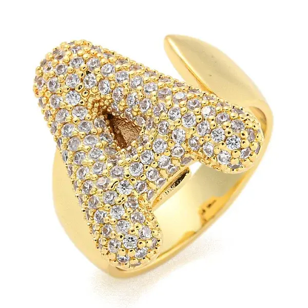 Brass Micro Pave Clear Cubic Zirconia Letter Open Cuff Ring for Women