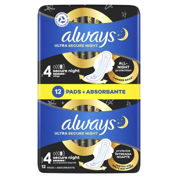 ALWAYS Ultra Secure Night hygienické vložky (velikost 4) s křidélky 12 ks