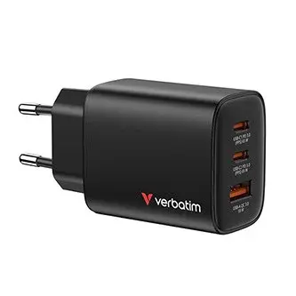 Verbatim Essentials, GaN nabíječka do sítě USB-A QC 3.0, 2 USB-C PD 3.0, černá, 65W, vyměnitelné vidlice EU/UK/US/AUS