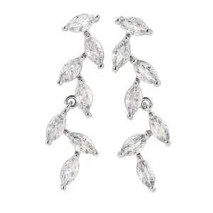 Leaf Brass Micro Pave Clear Cubic Zirconia Dangle Stud Earrings