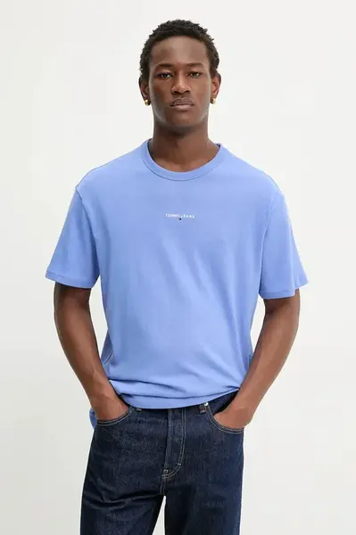 Bavlněné tričko Tommy Jeans pánské, béžová barva, s aplikací, DM0DM21110