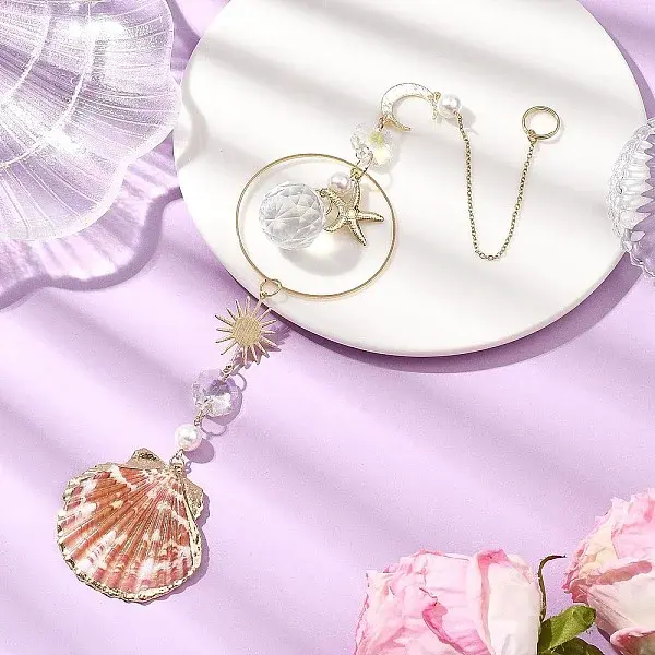 Electroplate Sea Shell & Glass Pendants Starfish Shell Hanging Suncatchers