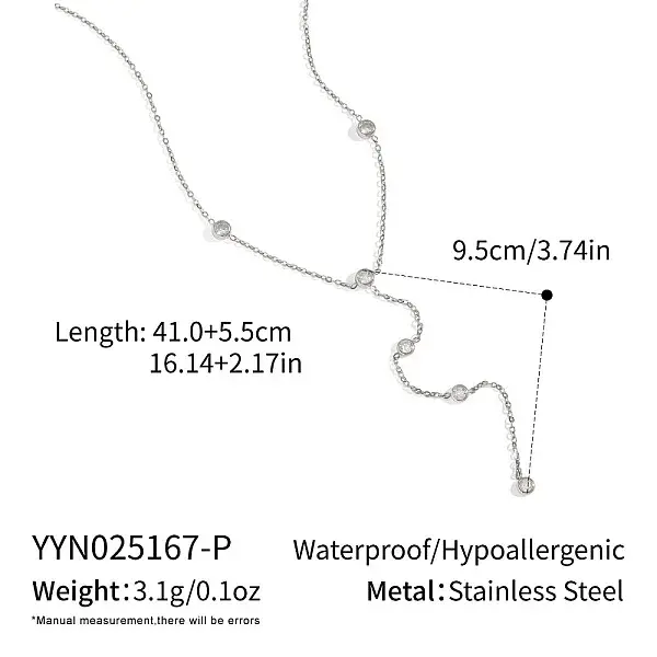 European 304 Stainless Steel Pave Clear Cubic zirconia Flat Round Tassel Y Necklaces