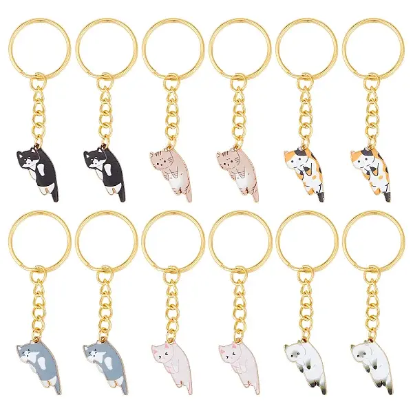 12Pcs 6 Colors Cute Cat Alloy Enamel Charm Keychains