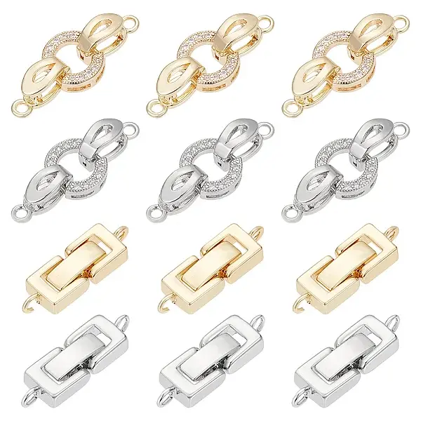 12Pcs 4 Style Brass Micro Pave Clear Cubic Zirconia Fold Over Clasps & Brass Fold Over Clasps