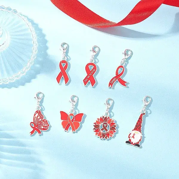 7Pcs 7 Styles Awareness Ribbon Theme Alloy Enamel Pendant Decorations