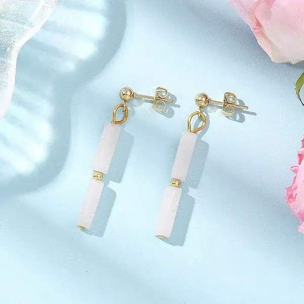 Rectangle Brass Natural White Jade Dangle Stud Earrings