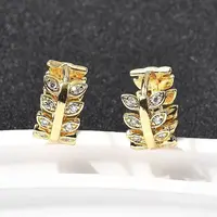 Brass Micro Pave Clear Cubic Zirconia Leaf Hoop Earrings
