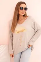 Kesi Włoski Dámska blúzka z viskózy s dlhým rukávom a zlatou kvetinovou potlačou béžový melír