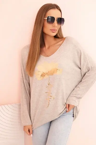 Kesi Włoski Dámska blúzka z viskózy s dlhým rukávom a zlatou kvetinovou potlačou béžový melír