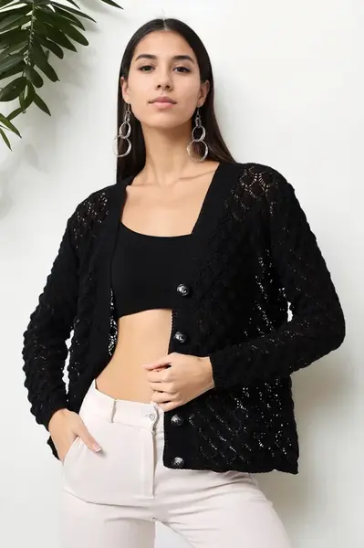 20317 Dewberry Patterned Buttoned Seasonal Cardigan-BLACK
